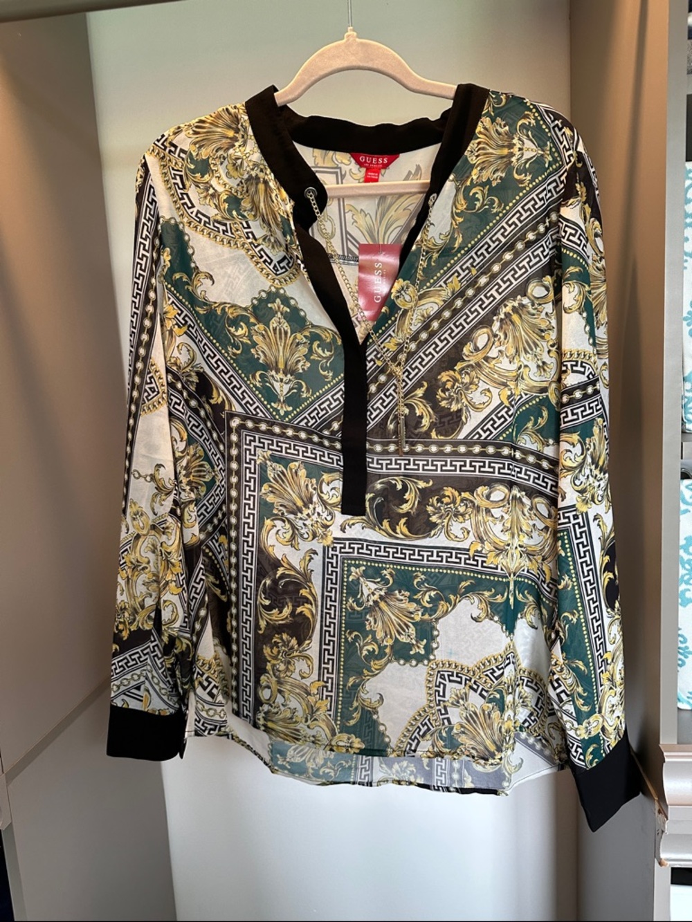 Guess Green, Gold & Black Baroque Print Tunic blouse
